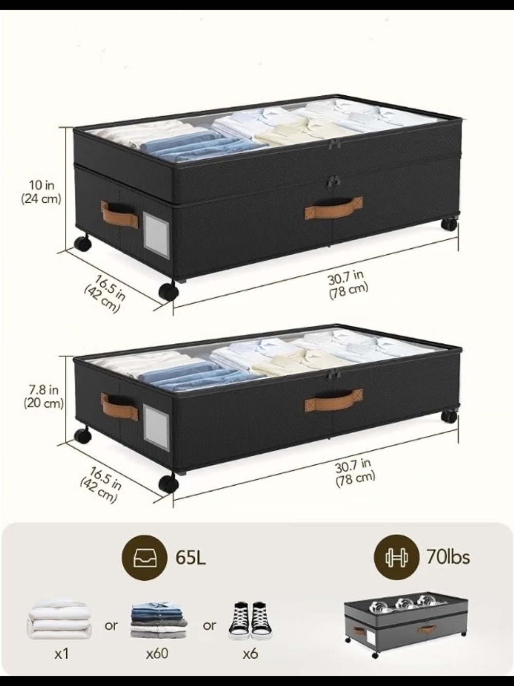 Underbed Storage Organizer with Zippered Lid and Leather Handles, Black - Picture 3 of 7